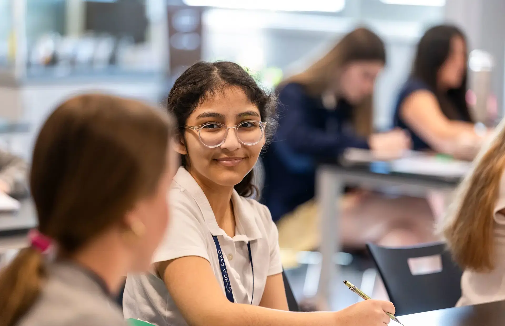 Student smiling to her peer